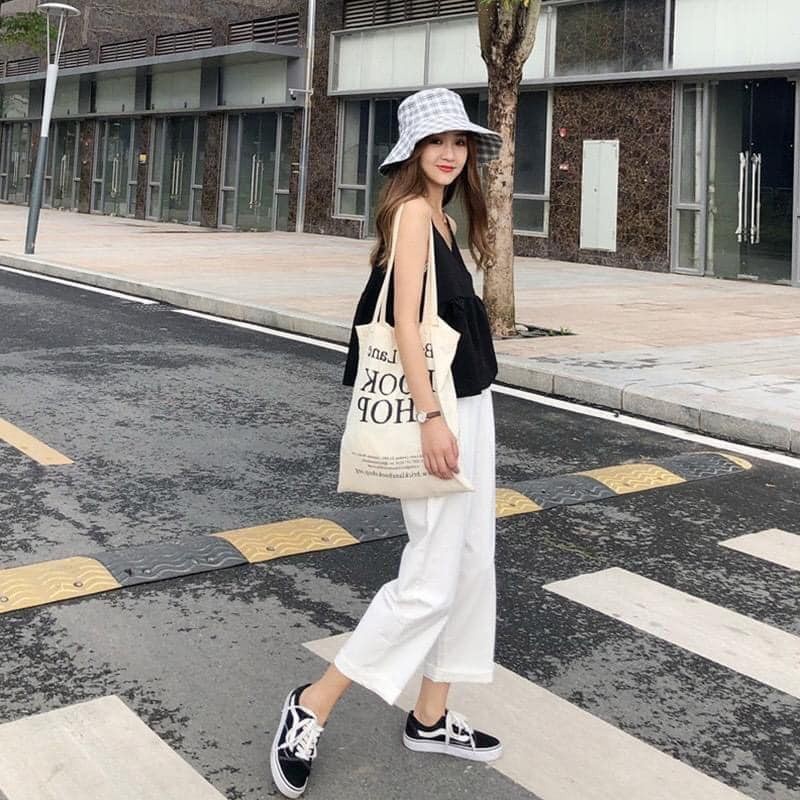 Quần culottes ống rộng suông đũi dáng dài lưng thun chun màu trắng đen be vải mềm - Quần ống suông nữ thể thao mặc ở nhà
