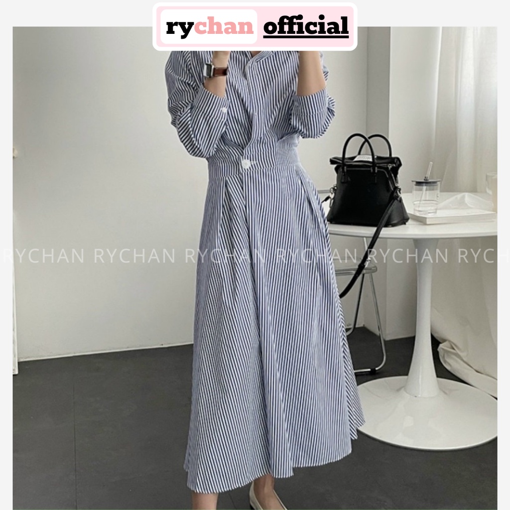 Đầm Nữ Công Sở Sọc Xanh Tay Dài Cổ Sơ Mi Nút Eo Cực Thanh Lịch - DX9801