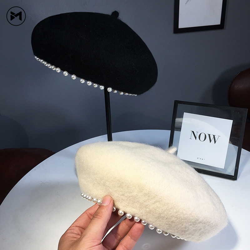 Mũ Beret Len Lông Cừu Đính Ngọc Trai Phong Cách Anh Quốc Thời Trang Thu Đông Cho Nữ