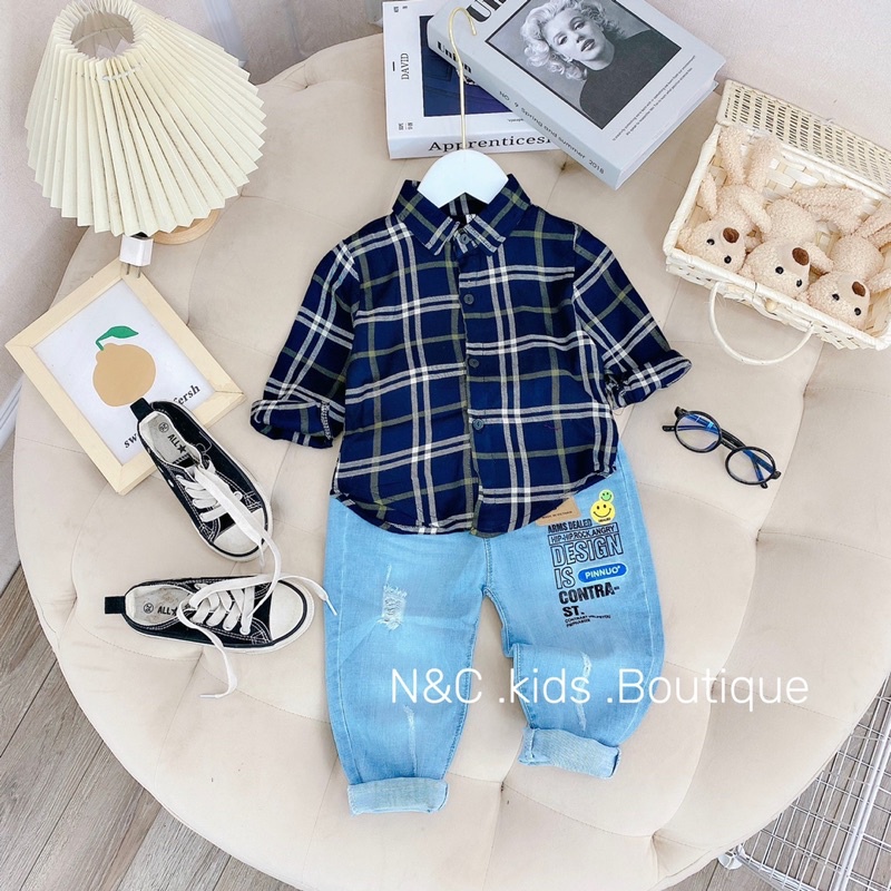 (jean baby) sét bộ sơ mi kẻ phối quần jean mềm đẹp cho bé trai(8-20kg)