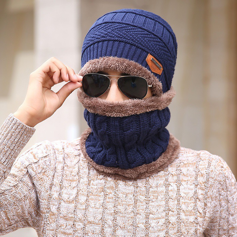 Set Khăn Mũ Nam Nữ Hàn Quốc Kèm Khăn Quàng Cổ Lót Lông