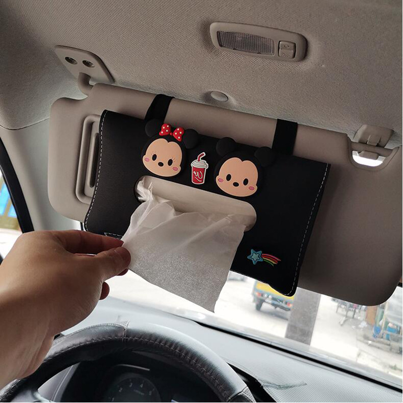 Mới! Hộp Đựng Khăn Giấy Bằng Da PU Hình Mickey Minnie Thông Dụng Gắn Tấm Che Nắng Xe Hơi