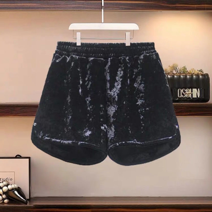 Quần short vải nhung ống rộng lưng cao đính đá phong cách Châu Âu thời trang thu đông cho nữ