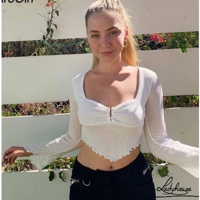 LDD-Women Sexy Short Top Long Sleeve V Neck See-Through Mesh Ruffled White Slim Fit T-shirts