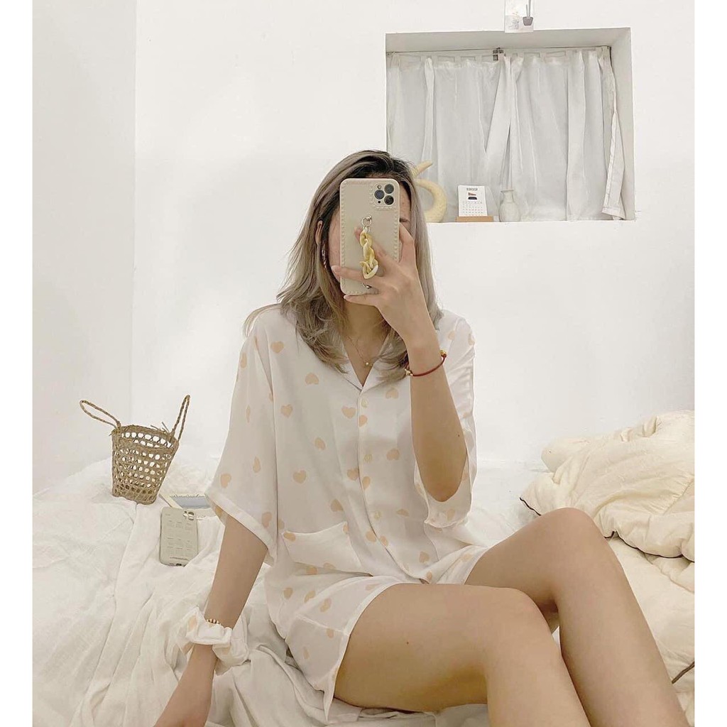 Set Pijama Buộc Tóc  Nữ [FREESHIP]  Bộ đồ quần áo mùa hè, thun bò sữa tay lỡ hình trái tim Ulzzang