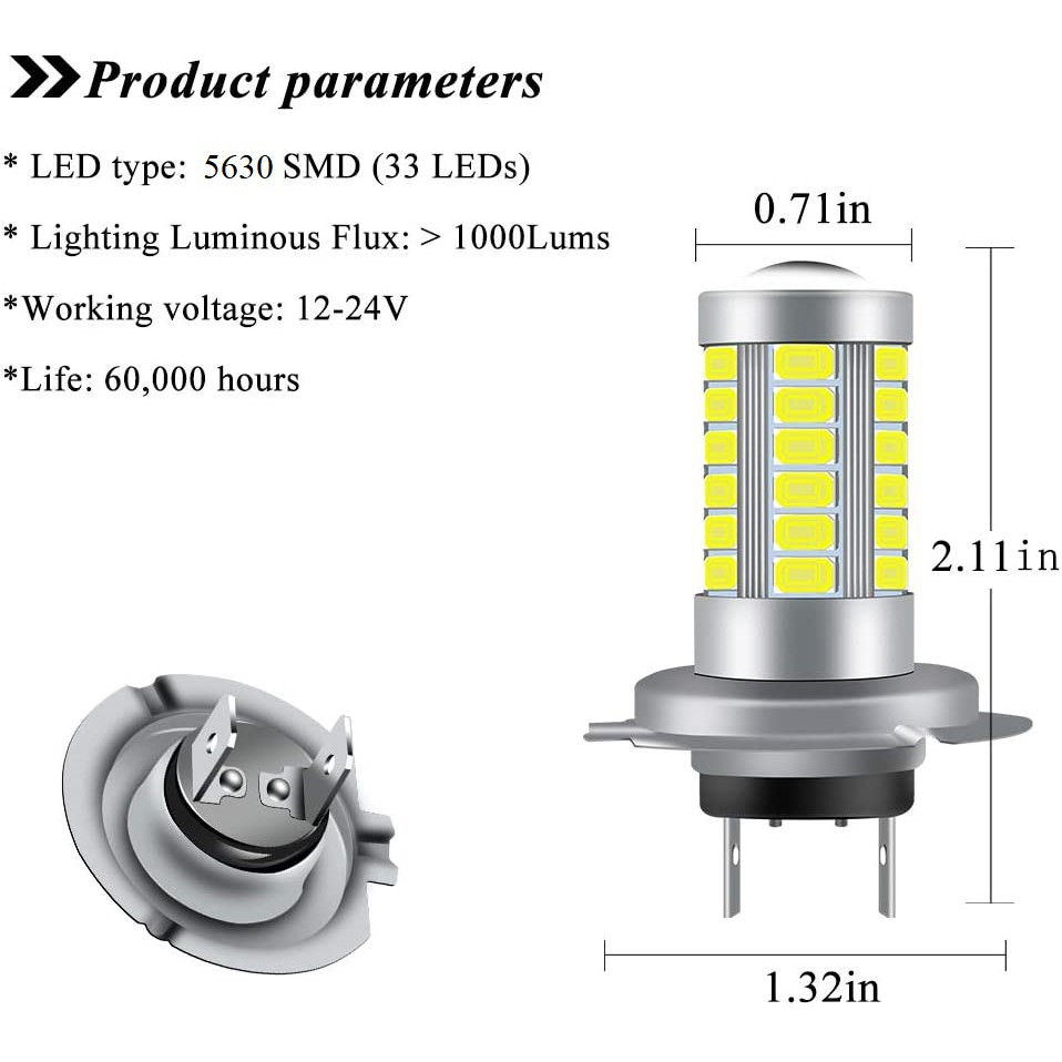 Đèn Led H7 Dùng Thay Thế Đèn Sương Mù, Đèn Chiếu Hậu, Xi Nhan Ô Tô, Xe Máy 33 Mắt Chip 5630