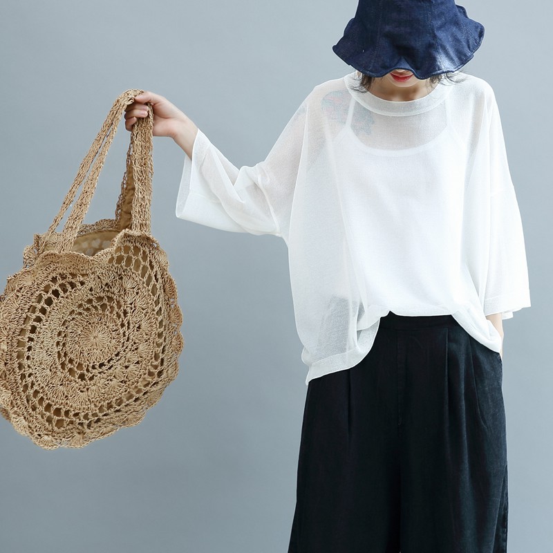 Túi Cói Đi Biển Dáng Tròn Đan Hoa Văn Dày Đẹp