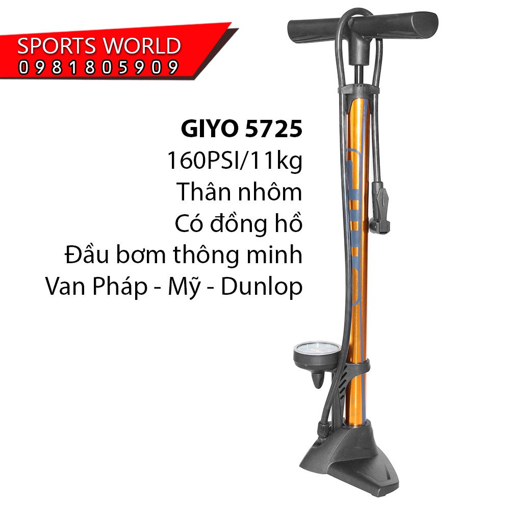 Bơm xe đạp 160PSI/11KG thân nhôm Giyo-5725 (Bơm tất cả các loại van)