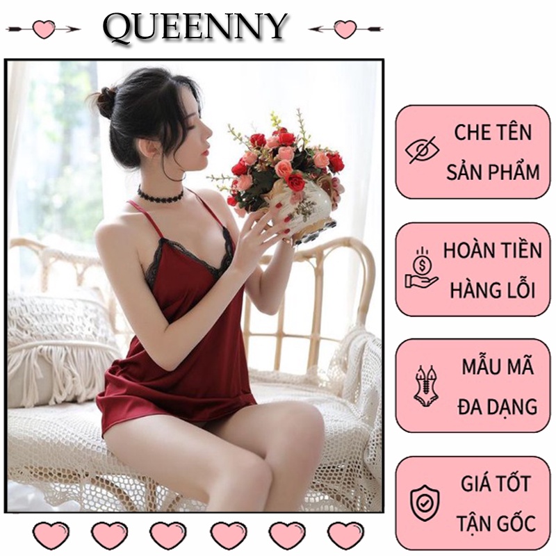 Váy ngủ sexy gợi cảm QUEENY xuyên thấu chất liệu lụa cao cấp có kèm quần chip lọt khe freesize VN06