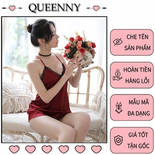 Váy ngủ sexy lụa phối ren gợ̣i cảm queeny đồ ngủ sexy gồm váy 2 dây lưng chéo kèm quần chip vn06