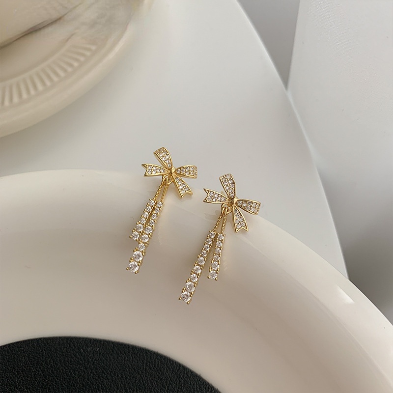 Bông Tai Mạ Bạc 925 Hình Nơ Tua Rua Đính Đá Thời Trang Hàn Quốc Cho Nữ