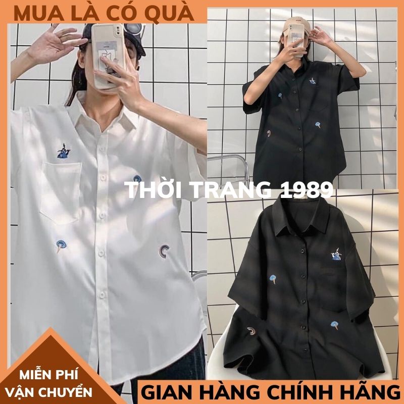 Áo sơ mi cộc tay thêu hình ngộ nghĩnh nữ áo sơ mi nữ UNISEX ,chất thô mềm chuẩn form  phong cách hàn quốc THỜITRANG1989