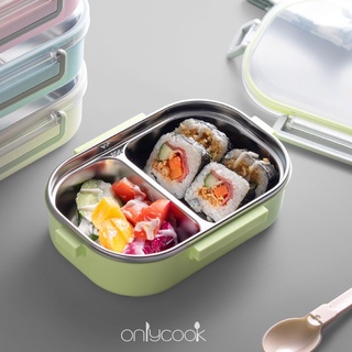 Hộp cơm 2 ngăn lòng inox 304 nắp trong suốt cao cấp kèm muỗng nhựa để cắm trại dã ngoại picnic Onlycook 21x15x6.5cm