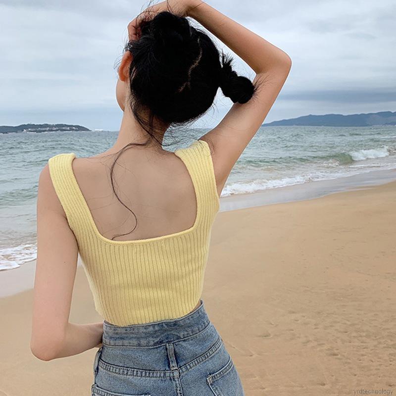 Summer Sexy Outer Wear Slim-fit Sold Color Sleeveless Crop Tops Vest