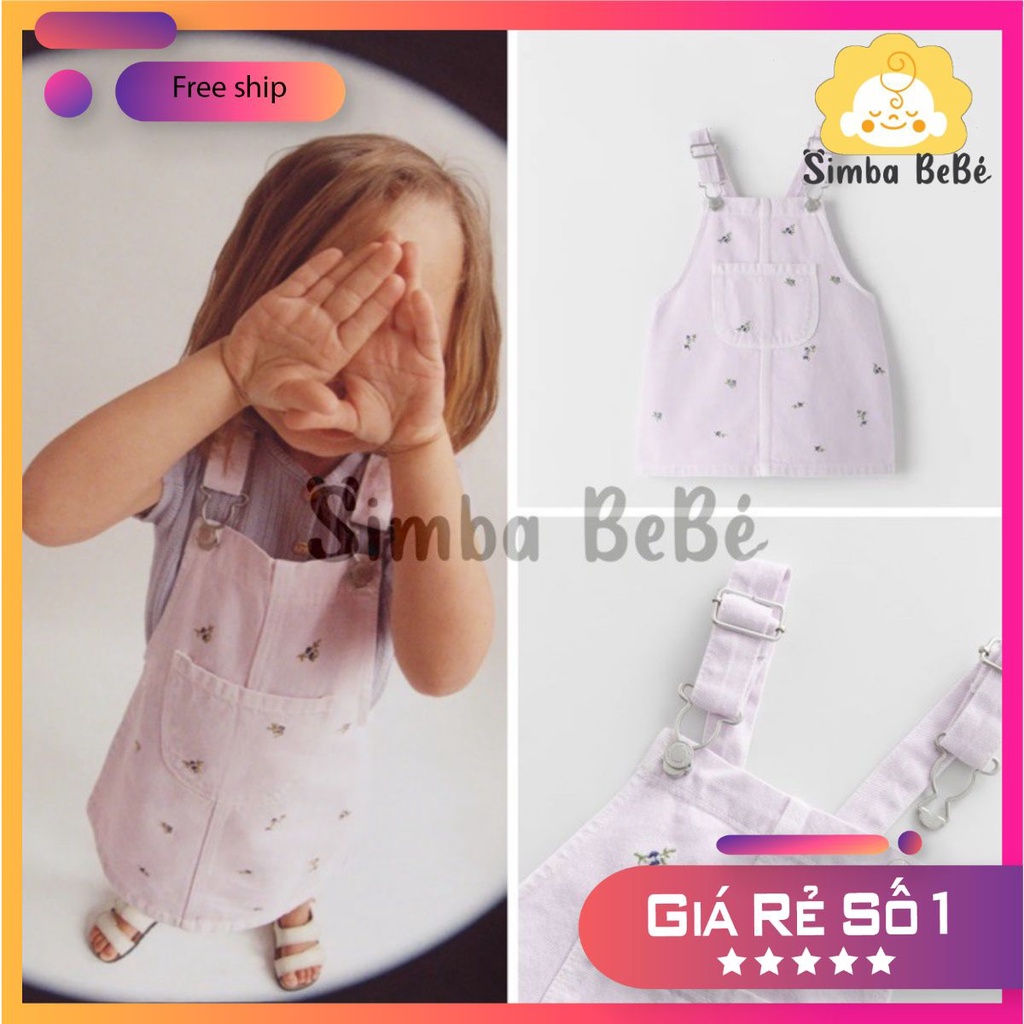 Yếm bò bé gái chất jean Z.A.R.A Hoa cúc màu tím TQXK xuất dư