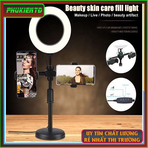 Đèn Livestream 3 in 1 Tích Hợp Giá Đỡ 2 Điện Thoại, Có 3 Chế Độ Sáng, Kẹp Điện Thoại Để Bàn Quay Video
