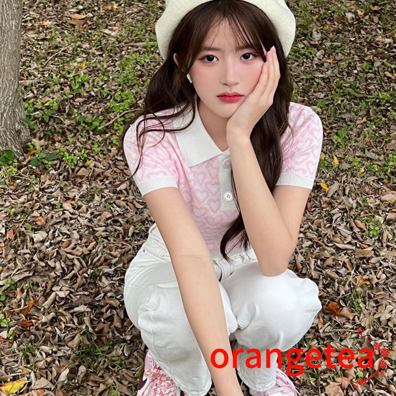 Áo Thun Crop Top Nữ Tay Ngắn In Hình Trái Tim 1 / 3 Nút