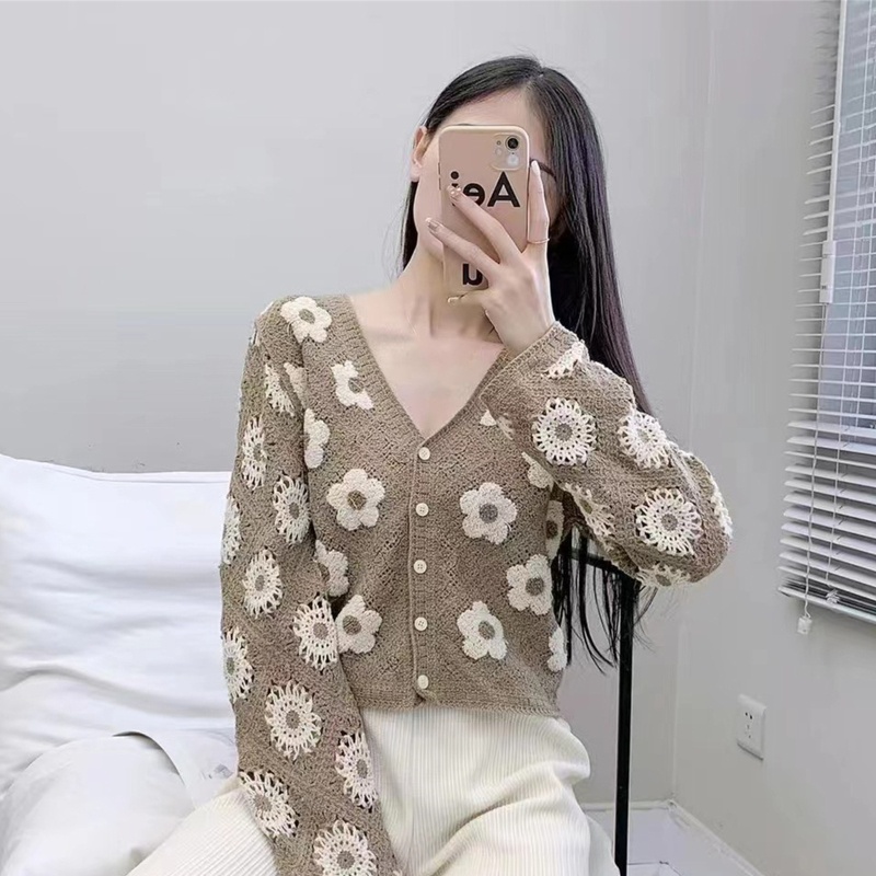 Áo Khoác Cardigan Dệt Kim Tay Dài Cổ Chữ V Thời Trang Cho Nữ