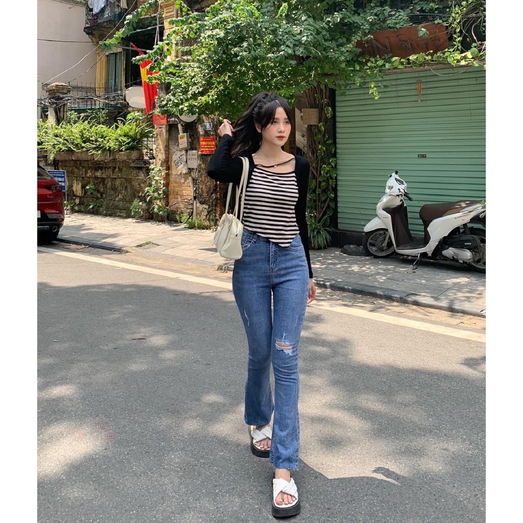 Quần jeans ống loe rách gối Q246 SUSTORE