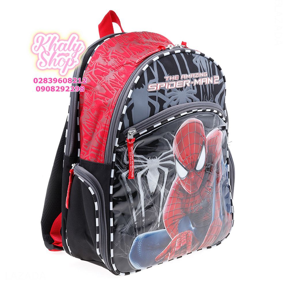 Balo trẻ em 15'' hình người nhện Spiderman viền sọc trắng đen màu đỏ đen dành cho học sinh ,bé trai - BLSP15DD (30x13x38