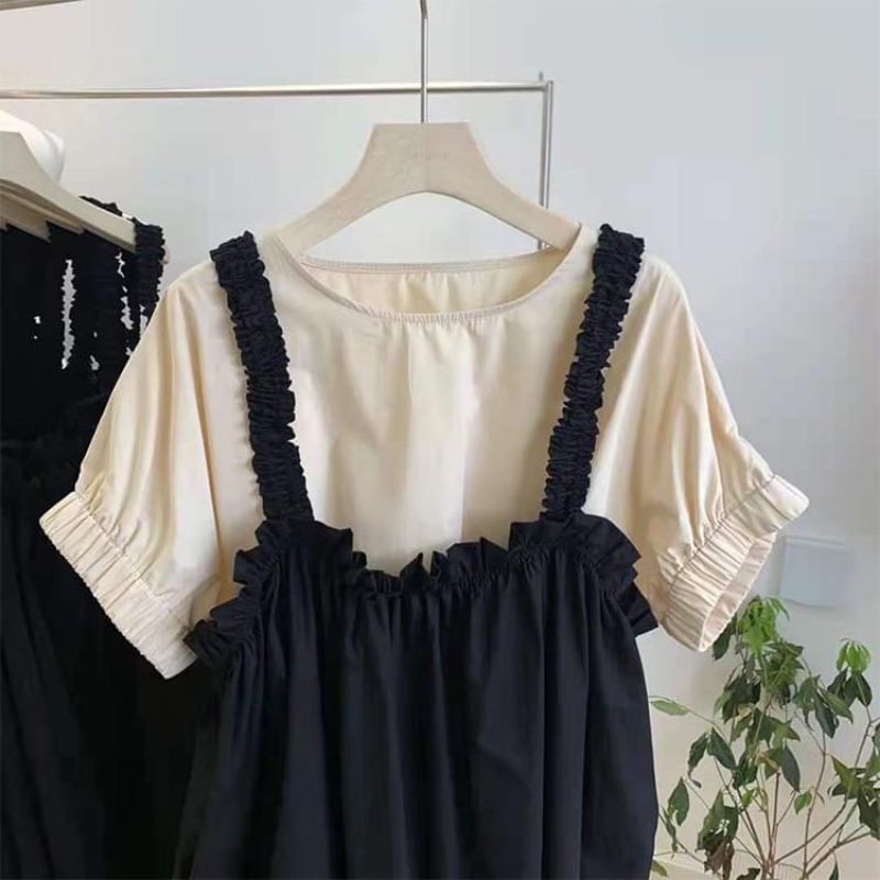 Set Nữ Set Yếm Chun Vai Kèm Áo Sơ Mi Ngắn Tay Tạo Kiểu Xinh Xắn