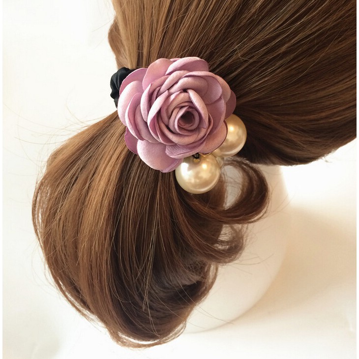 Dây buộc tóc ngọc trai nhân tạo thời trang hàn quốc hoa hồng thủ công camellia
