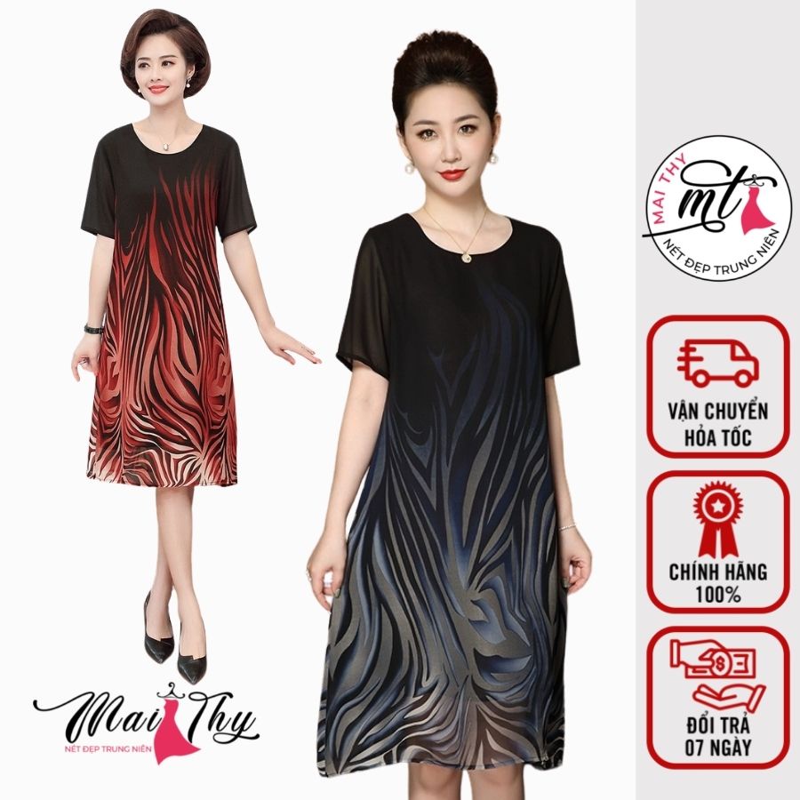 Váy Suông Trung Niên D394, Mẫu Đầm Voan Hoa Văn Cho Mẹ Cổ Tròn Form Rộng Bigsize Trang Nhã | Thời Trang Trung Niên U40+