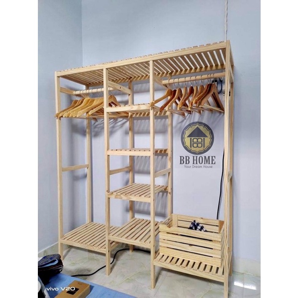 Kệ tủ gỗ lắp ráp 3 ngăn treo quần áo - Gỗ thông Mỹ