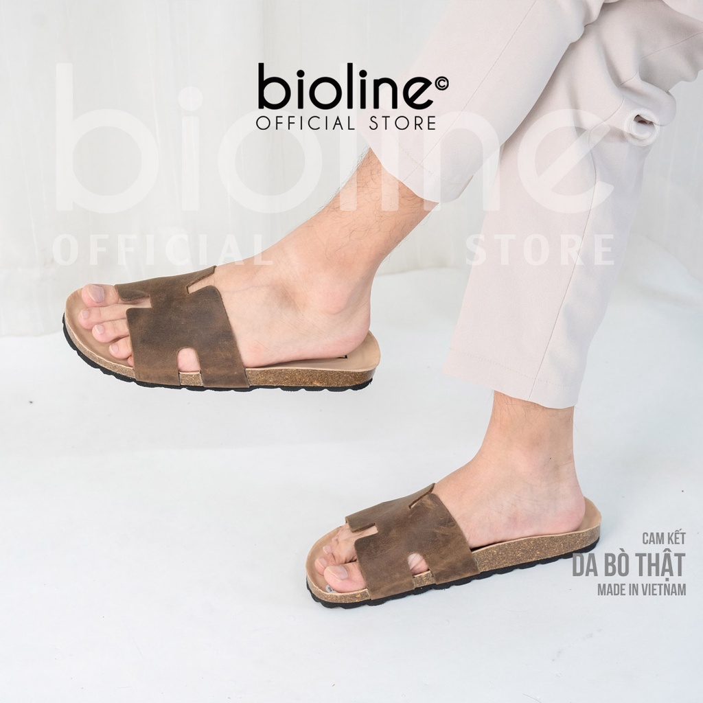 [DA BÒ THẬT] D04-Dép da chữ H Birken Bioline Unisex (Đế trấu)