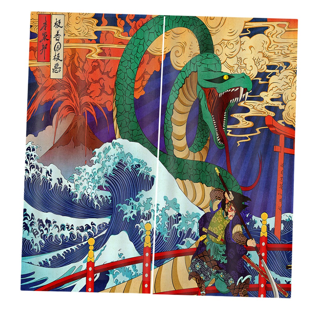 Set 2 rèm treo tranh vẽ kiểu Ukiyoe Nhật Bản độc đáo