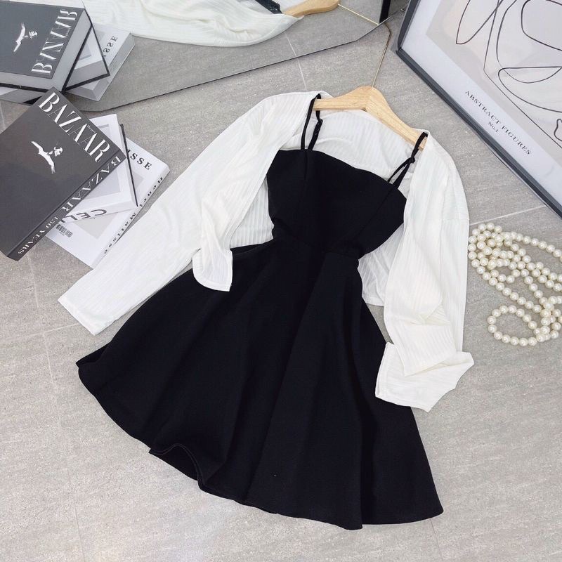 Sét Váy 2 Dây + Cardigan Thun Tăm Ulzzang Hàn Quốc, Sét Đầm Nữ Cực Xinh Mặc 2 Kiểu