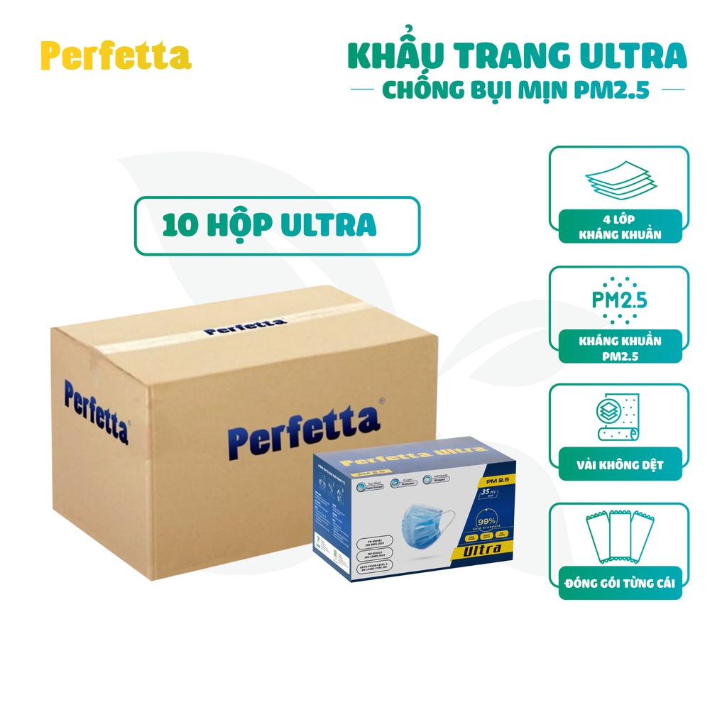 Thùng 350 Cái Khẩu Trang Y Tế Cao Cấp Perfetta Ultra 4 Lớp Kháng Khuẩn, Lọc Bụi Mịn PM 2.5 (35 cái/hộp)