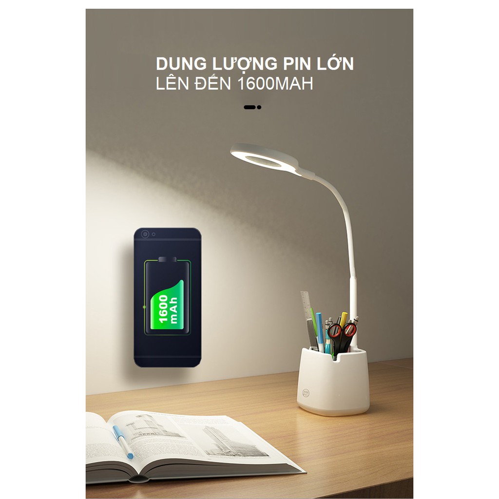 Đèn Bàn Học Đọc Sách LED Homepower Chống Cận 03 Chế Độ Ánh Sáng Vàng Bảo Vệ Mắt Có Hộp Bút Và Giá Để Điện Thoại