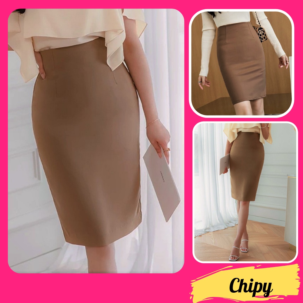 Chân Váy Công Sở Bút Chì Dài Tới Gối Màu Nâu CHIPY From Ôm Lưng Thun Cạp Cao Cá Tính Kiểu Vintage, Ulzzang Đẹp MCV201