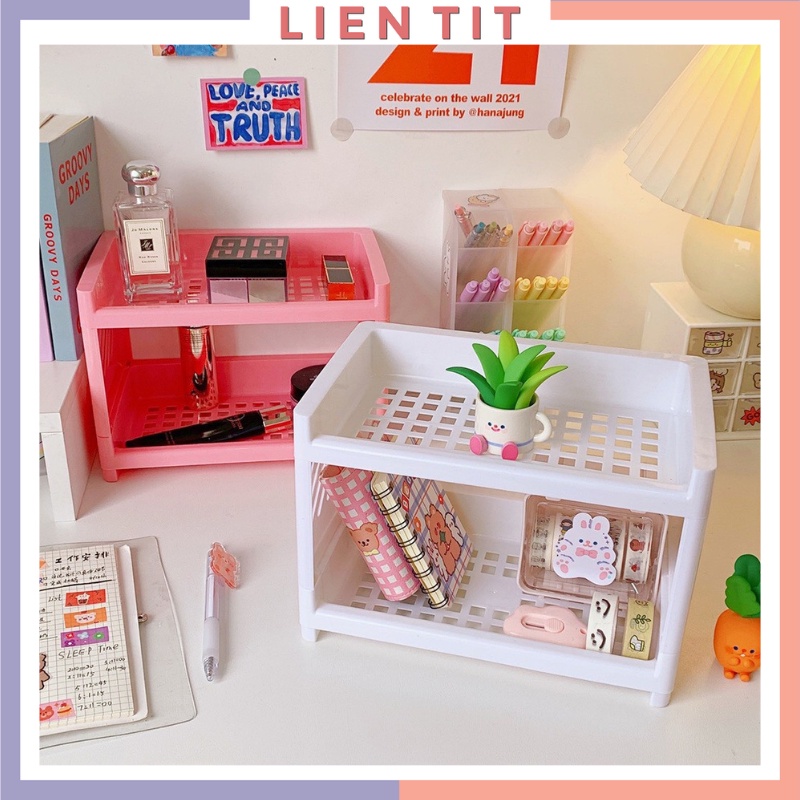 Kệ để đồ mini nhựa 2 tầng chắc chắn, giá để bàn đựng đồ tiện lợi