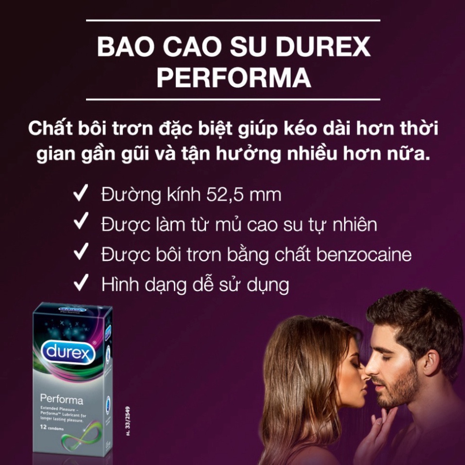 Bao cao su Durex Performa Hộp 3 Bao - Thăng hoa cảm xúc, Kéo Dài Thời Gian QHe, Chống Xuất Tinh Sớm