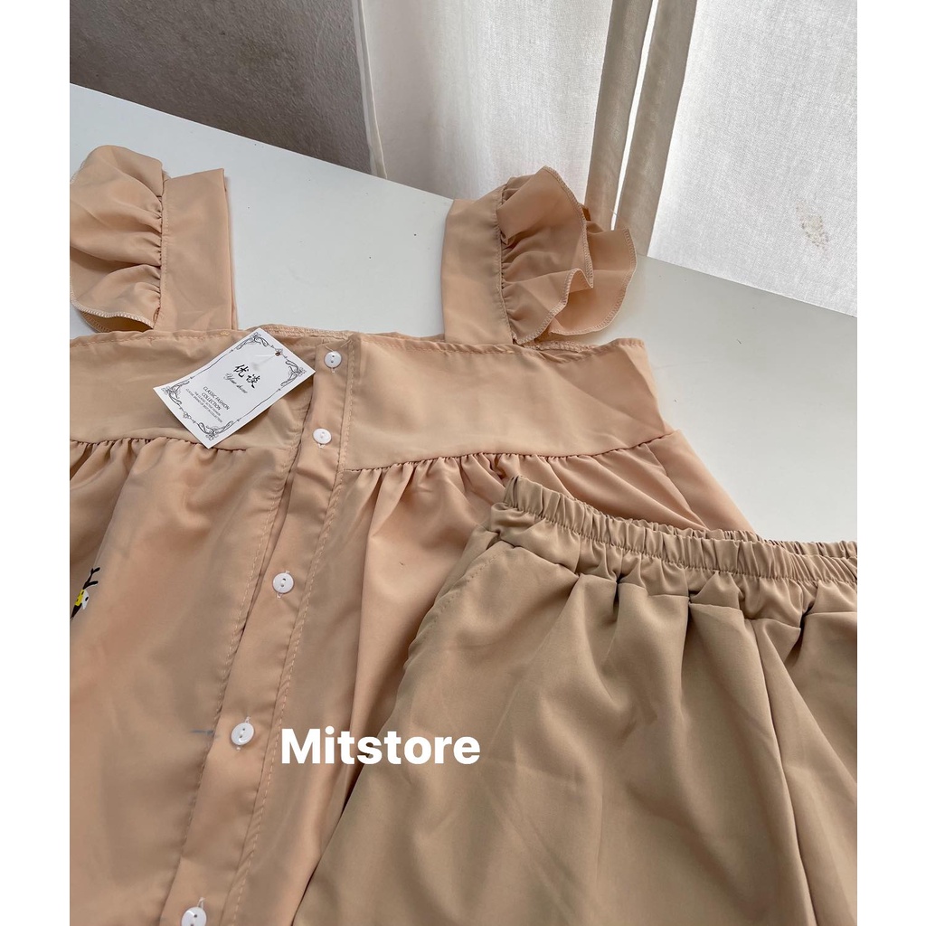 [Có Video + Ảnh Thật] Set Đồ Ngủ Gồm Áo Bbd Đũi Mix Quần Sooc Kaki Be Xinh Xắn - Chuu House- CH0417