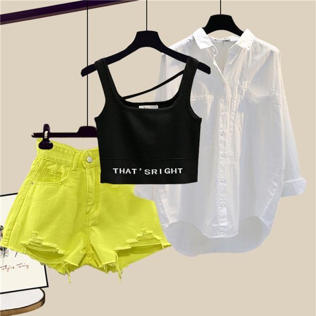 Jiashucheng Bộ Áo Hai Dây + Quần Short Denim Cỡ Lớn Thời Trang Mùa Hè Hàng Mới Dành Cho Bạn Nữ