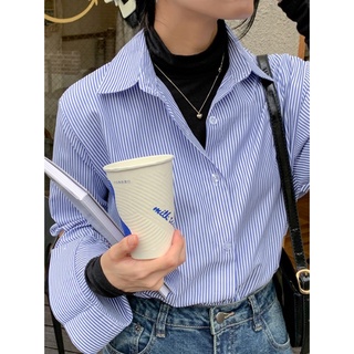 Áo sơ mi nữ dài tay cổ bẻ kẻ sọc xanh form rộng basic đơn giản style Hàn Quốc