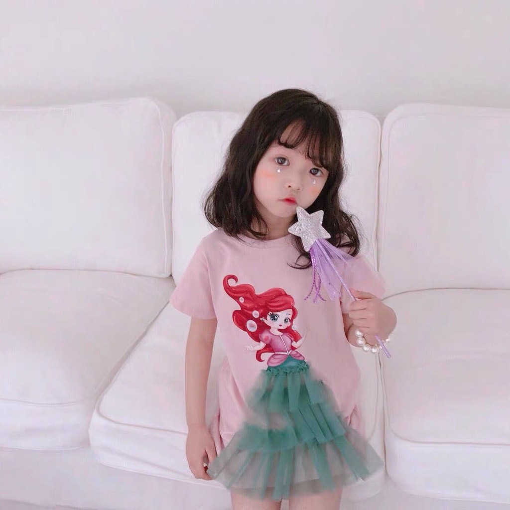 Đầm tay ngắn phối lưới phong cách Hàn Quốc 2023 cho bé gái