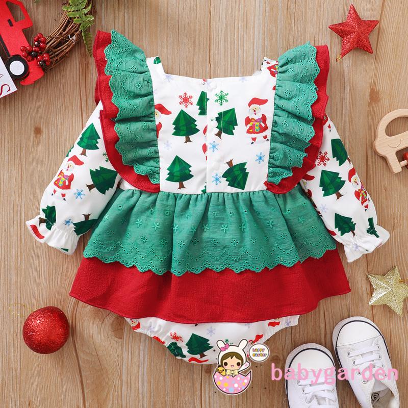 Bộ áo liền quần tay dài in họa tiết cây thông Noel kèm nút cài cho bé gái 0-18 tháng tuổi