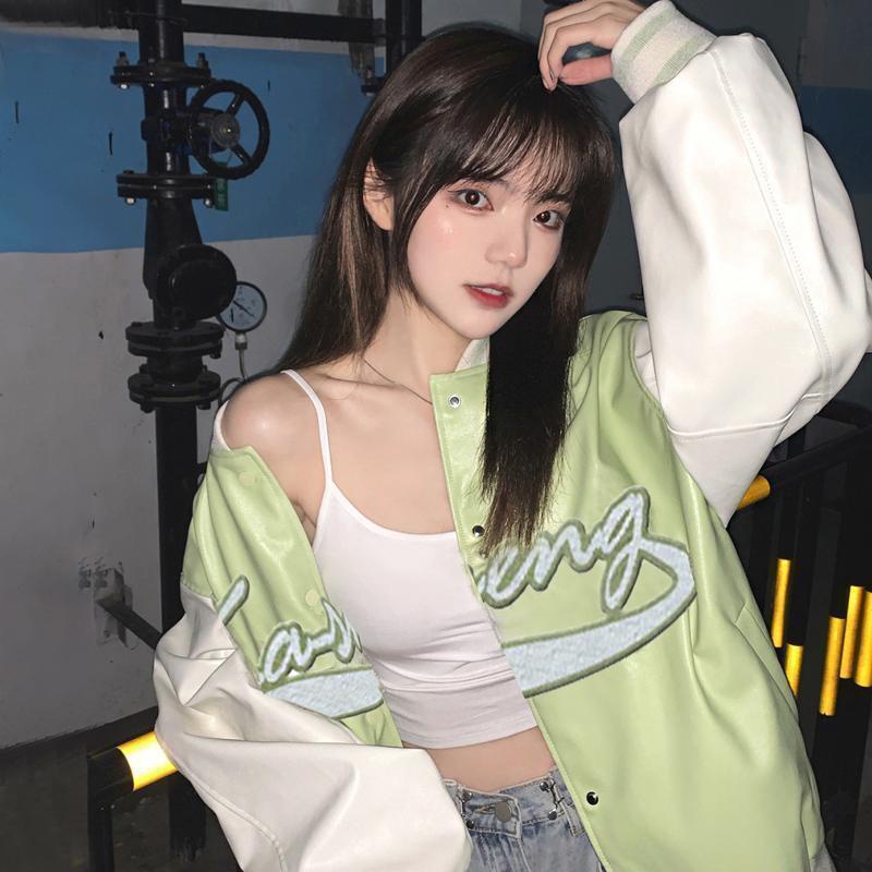 Áo Khoác Bóng Chày Dáng Rộng Màu Trắng Xanh Lá Phong Cách Cổ Điển Thời Trang Cho Nữ