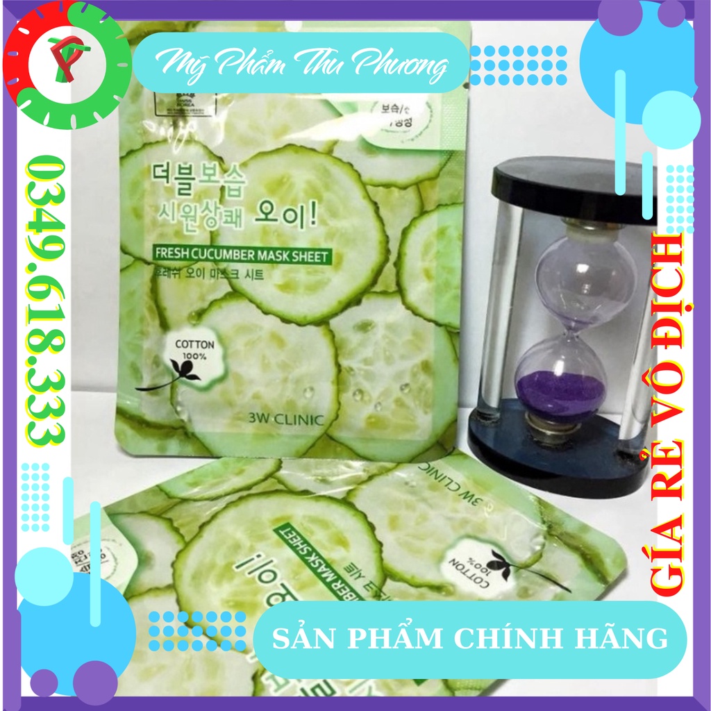 5 Mặt nạ dưỡng da thiên nhiên Dưa leo chuột Mỹ phẩm chăm sóc chính hãng Hàn Quốc 3W Clinic Fresh Cucumber Mask sheet