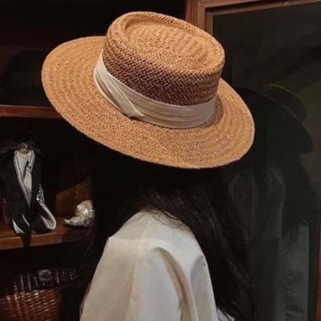 Mũ cói đi biển viền lụa vành thẳng mũ panama đan thưa
