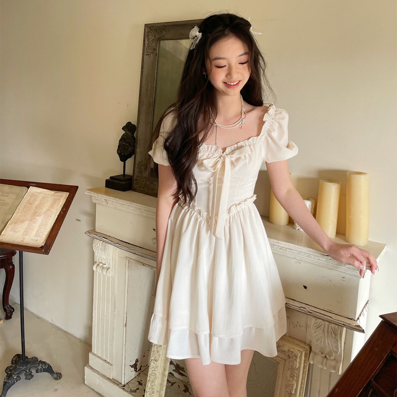 Đầm midi Cổ Vuông Tay Phồng Đính Nơ Thời Trang Mùa Hè Xinh Xắn Cho Nữ