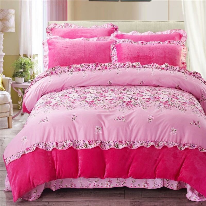 Phiên bản Hàn Quốc bằng vải nỉ bốn mảnh cộng nhung dày San hô nhung bốn mảnh Bộ đồ giường hai mặt ấm áp mùa đông
