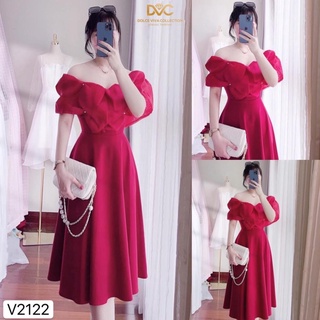 Váy đỏ dáng xòe, trễ vai bồng, đính ngọc