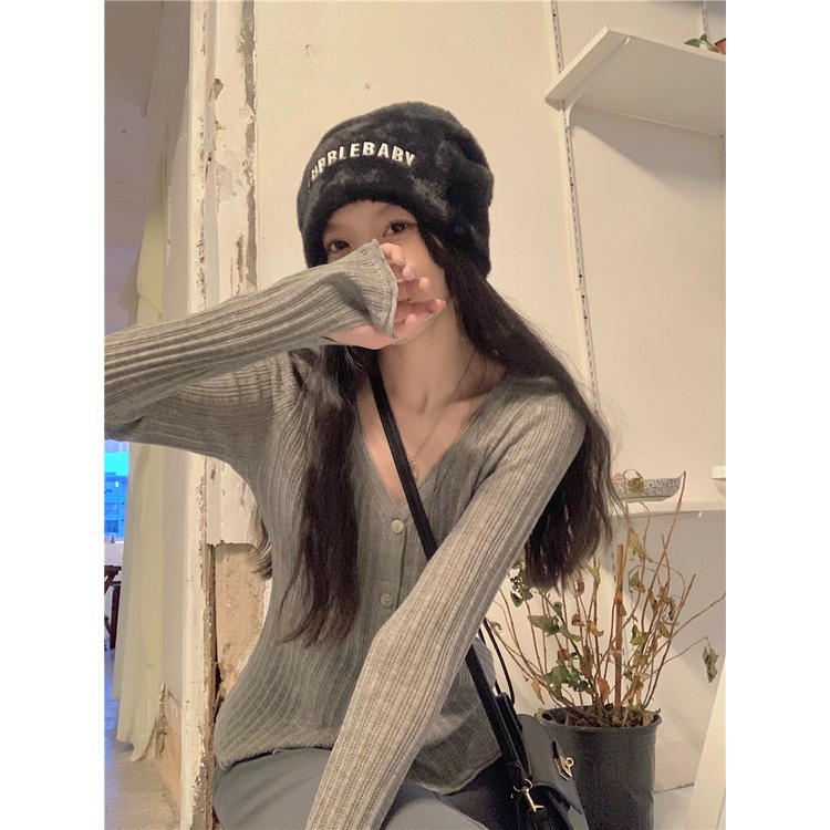 Áo cardigan XIAOZHAINV dệt kim dài tay cổ chữ V dáng ôm phong cách Hàn Quốc 4 màu lựa chọn