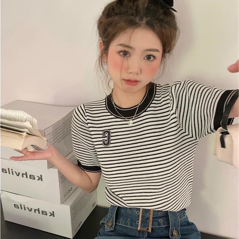 Áo Thun Dệt Kim Ngắn Tay Họa Tiết Kẻ Sọc Màu Sắc Tương Phản