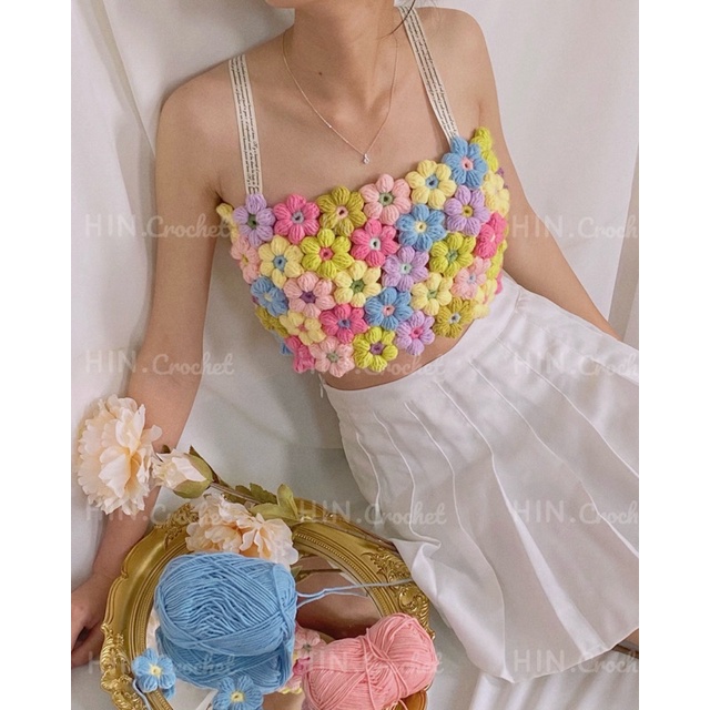 HIN Croptop flower Áo hoa len ghép